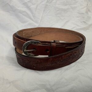 Men’s 36” Tooled Leather Belt with Silver Patterned Buckle by Amigo